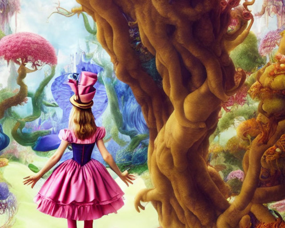 Whimsical person in pink dress and top hat in surreal landscape