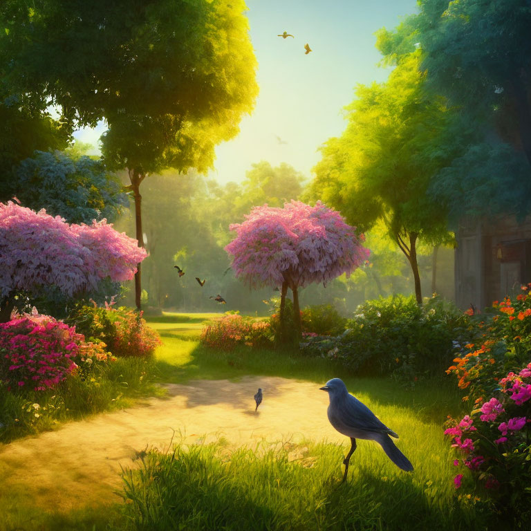 Tranquil garden path with blooming purple trees and birds in soft morning light
