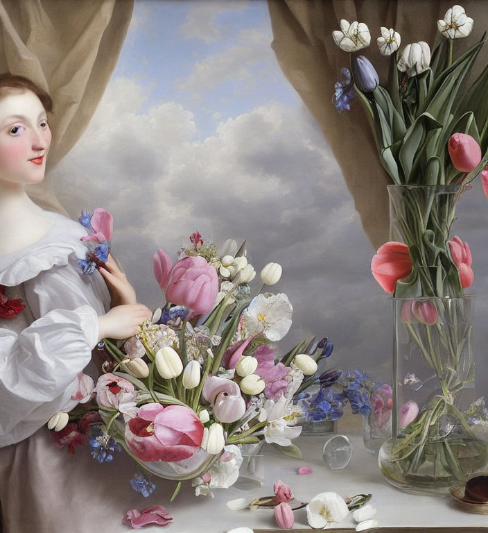 Woman in classical attire with bouquet and tulips under billowing drape against cloudy sky.