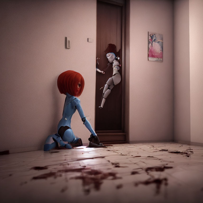 Animated characters in bloody room: one peeking, one shocked