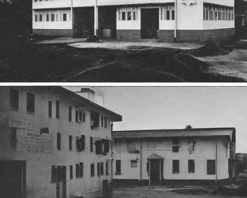 Black and White Photo Collage of Old Two-Story Building Facades