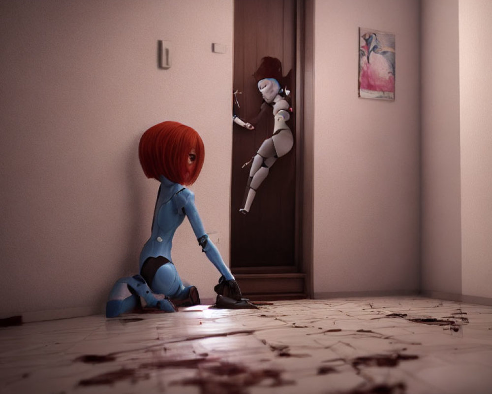 Animated characters in bloody room: one peeking, one shocked