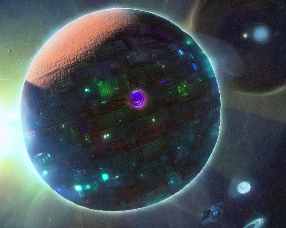 Futuristic mechanical sphere in space with glowing lights and structures