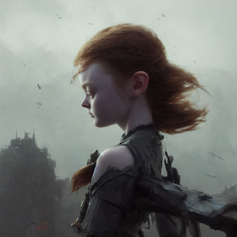 Digital Artwork: Young Girl with Red Hair in Dystopian Cityscape