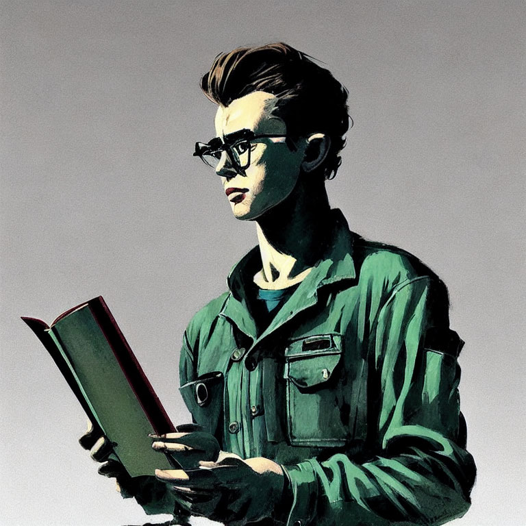 Pensive person with glasses reading book in green shirt
