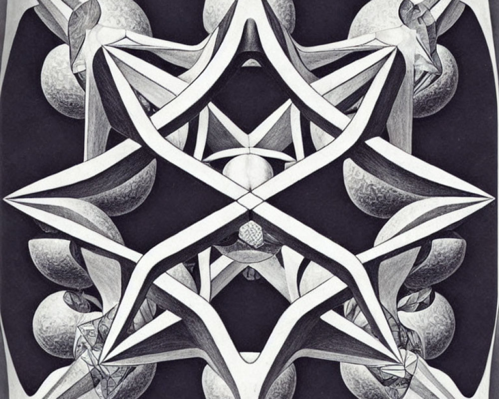 Symmetrical black and white abstract drawing with star-like patterns and spherical shapes