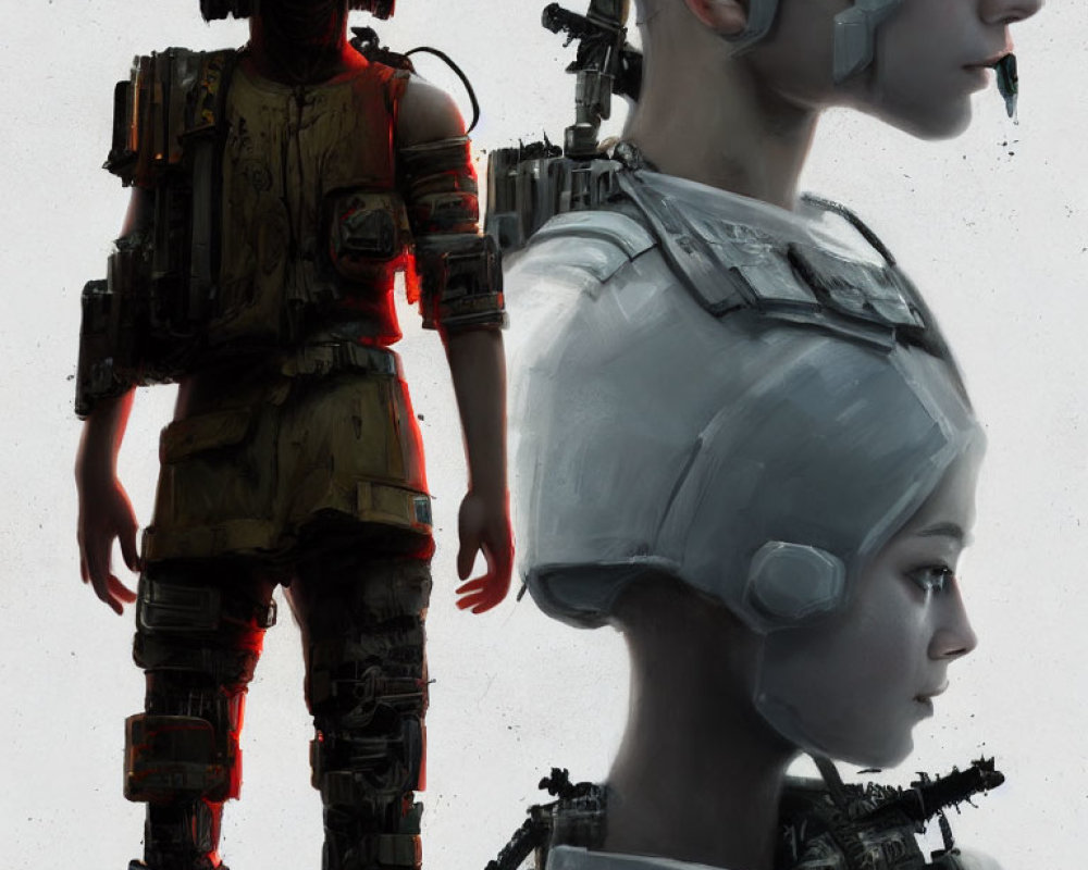 Detailed Female Cyborg with Mechanical Body and Human-like Face Standing Profile View