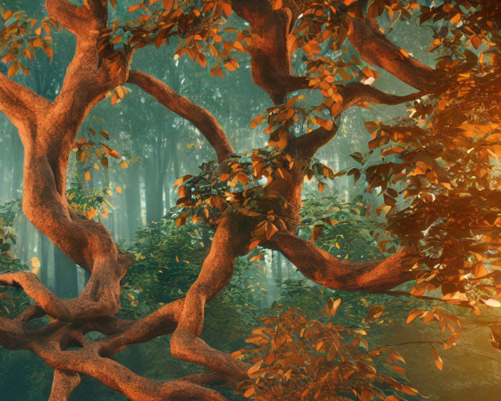 Ethereal forest with twisted trees and orange foliage in sunlight