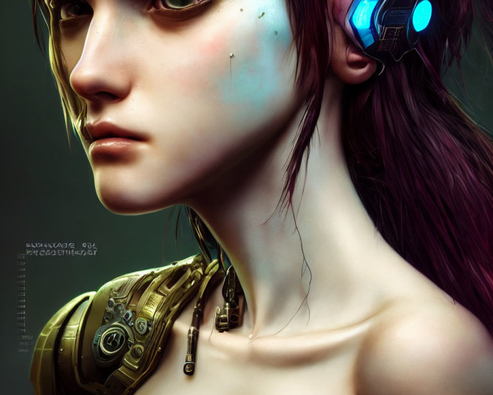 Female with cybernetic enhancements featuring mechanical neck piece and glowing blue ear device.