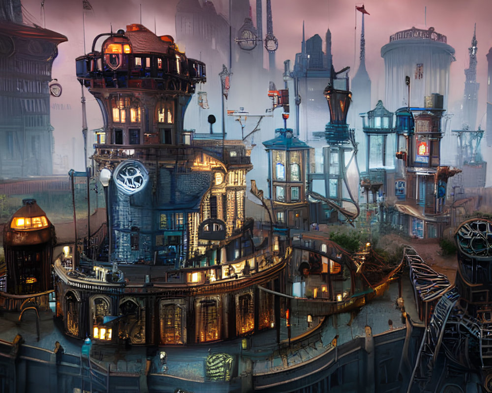 Detailed Steampunk Cityscape with Mechanical Buildings and Foggy Spires