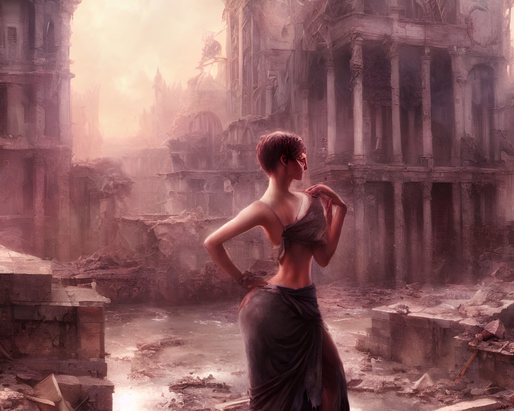 Woman in draped dress amidst ruins with dystopian cityscape and giant statue