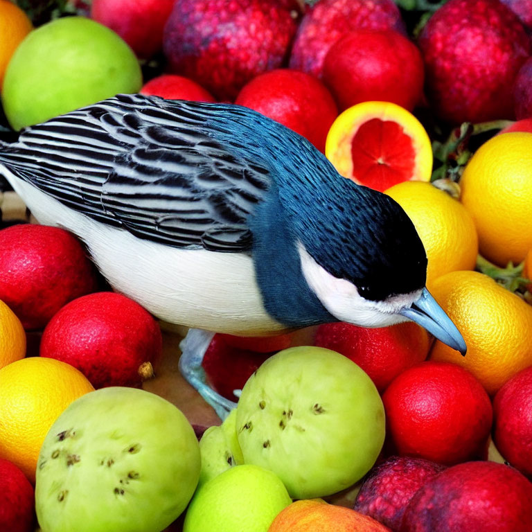 Colorful Bird Amid Vibrant Fruits in Blue and White Plumage