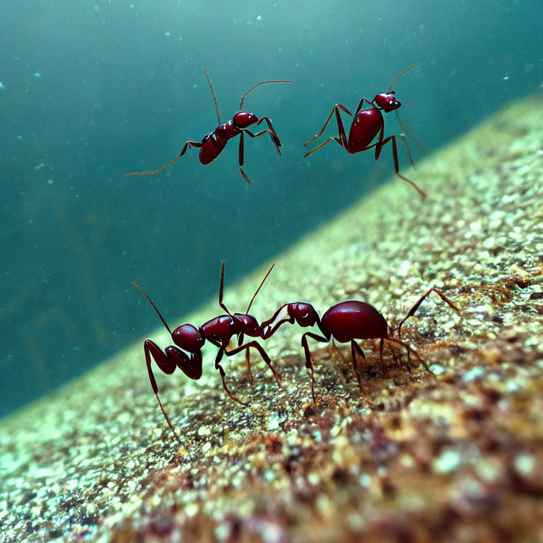Four ants on textured surface with two interacting, against underwater background