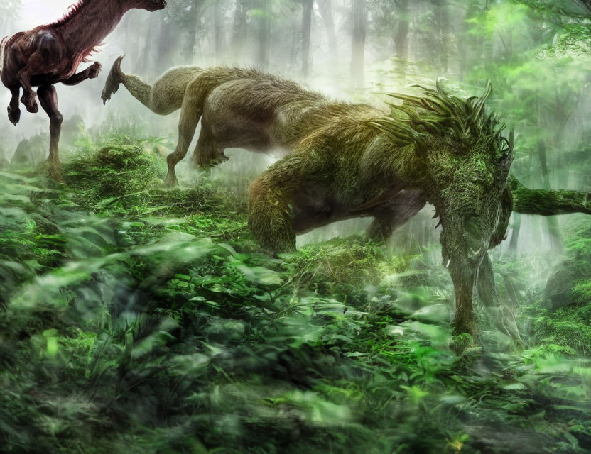 Green-maned lion-like creature with antlers chased in misty forest
