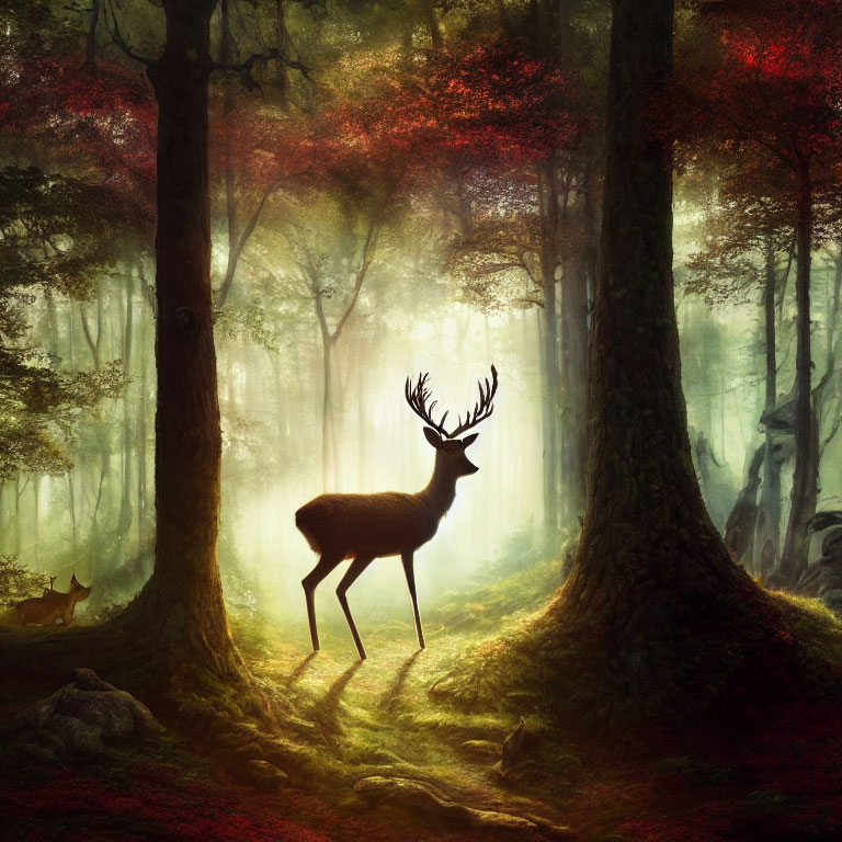 Majestic stag in sunlit forest with red-leaved trees and fox