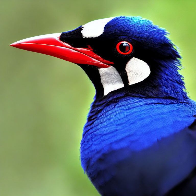 Vibrant close-up of bird with blue plumage and red beak
