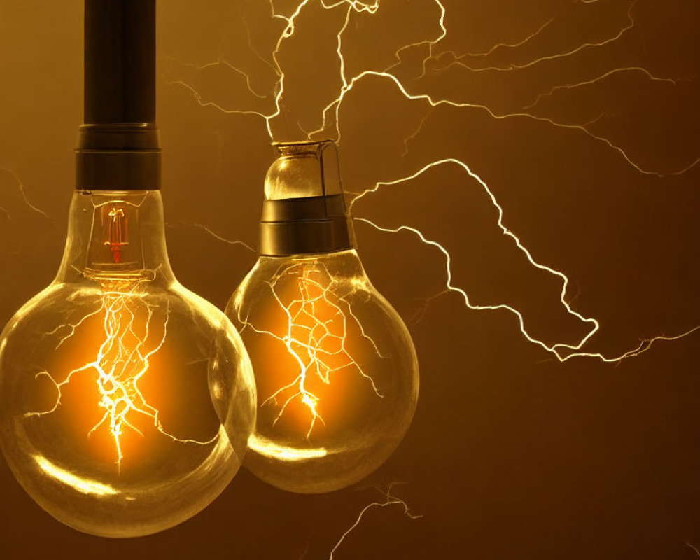 Two incandescent light bulbs with simulated electricity effect on warm background
