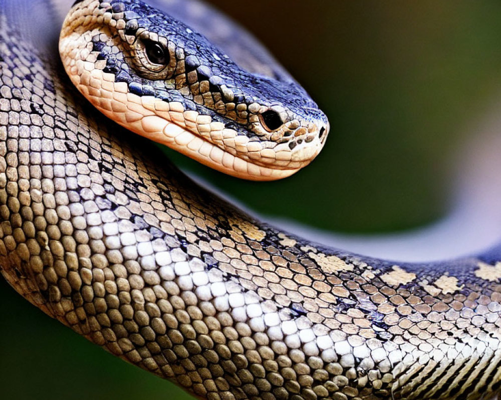 Detailed Close-Up of Coiled Snake's Textured Scales and Alert Eyes