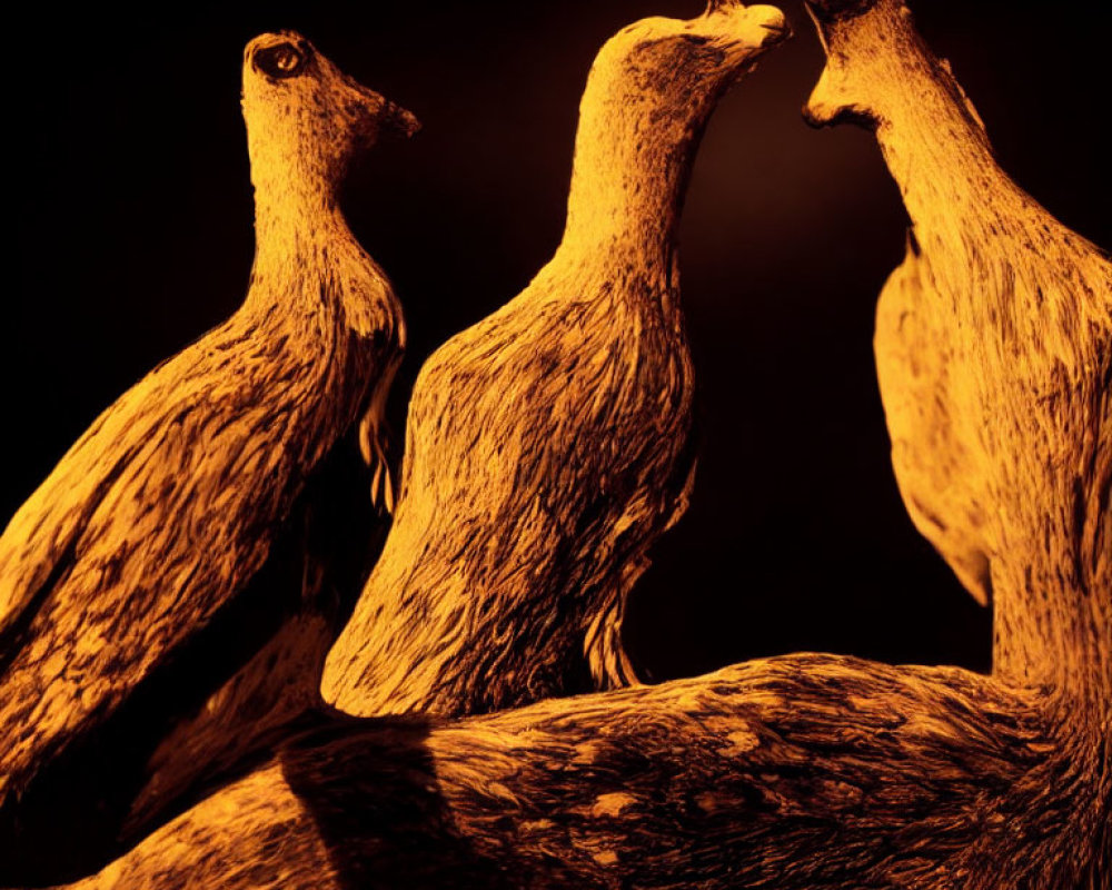 Wooden bird sculptures in intimate positions on dark background