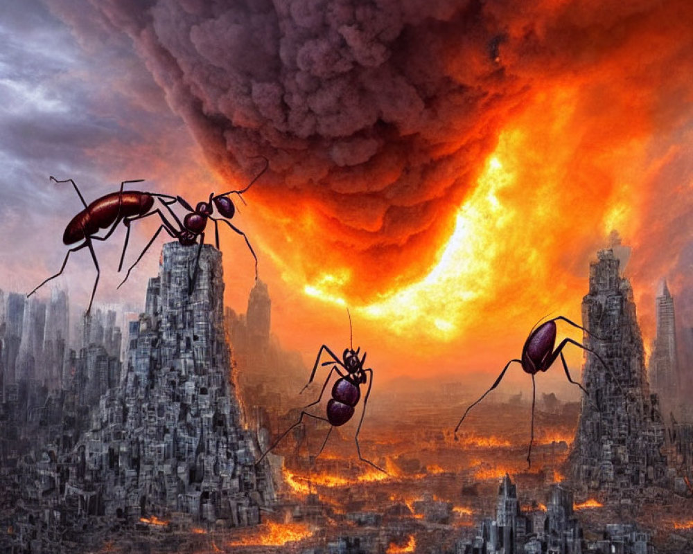 Giant ants in post-apocalyptic city under fiery sky.