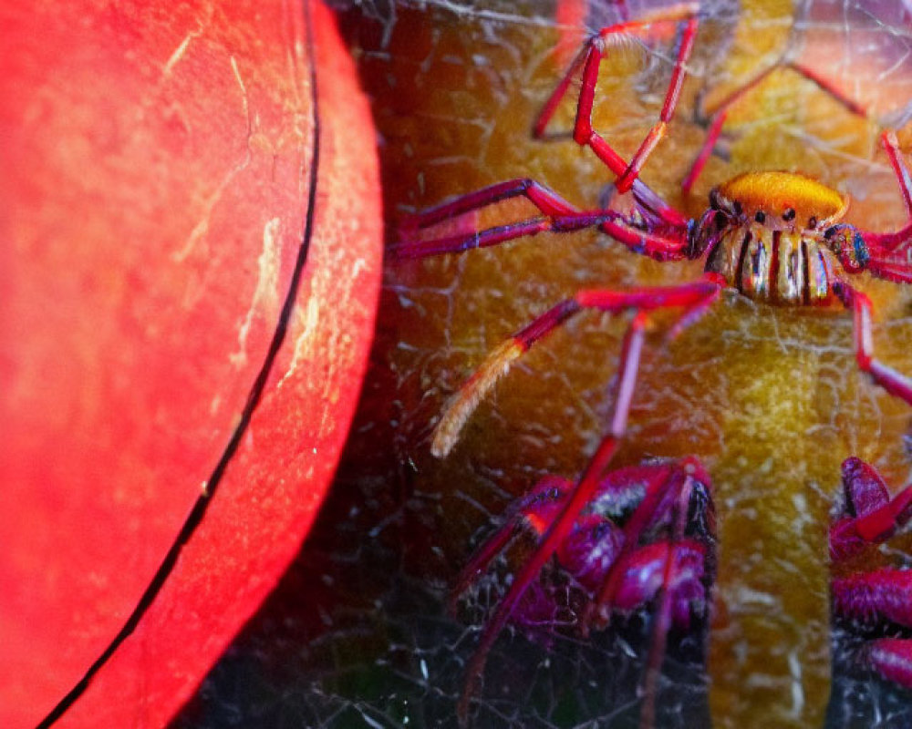 Detailed Close-Up of Vibrant Red Spider on Web with Yellow Markings
