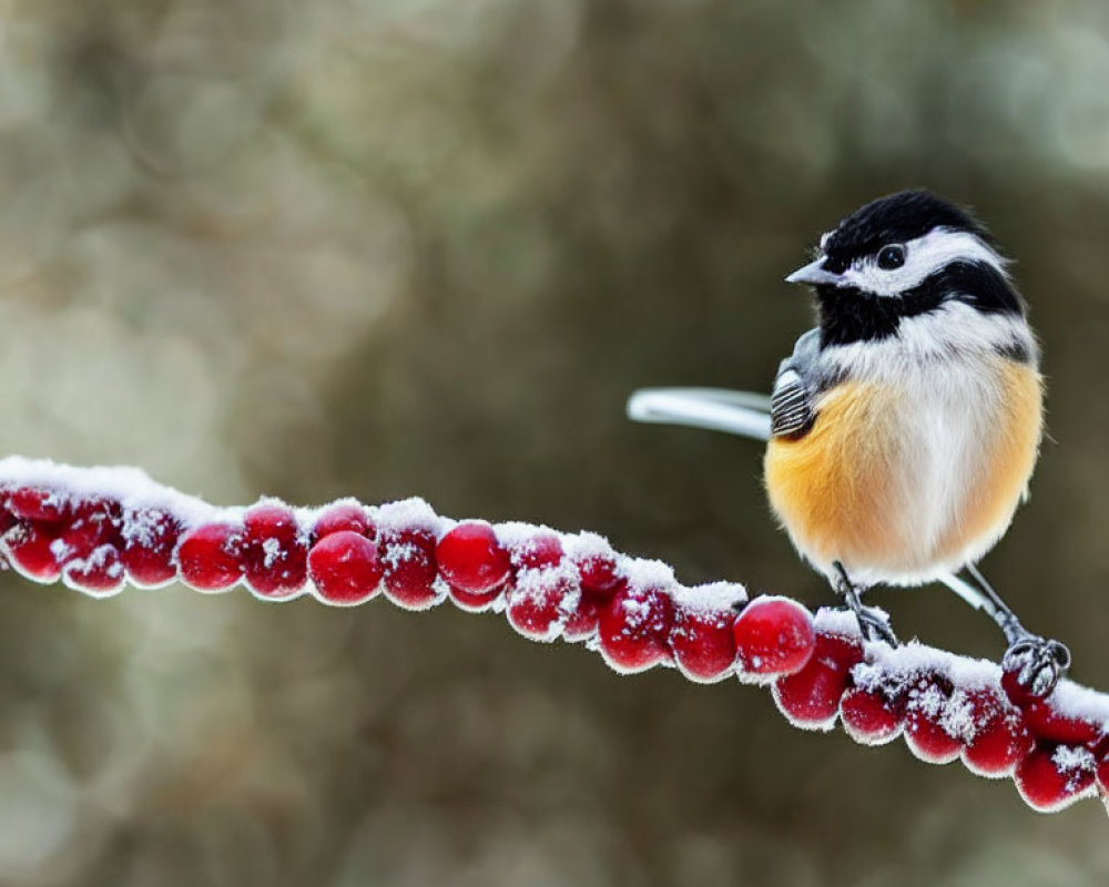 Black-Capped Chickadee on Frost-Covered Branch with Red Berries