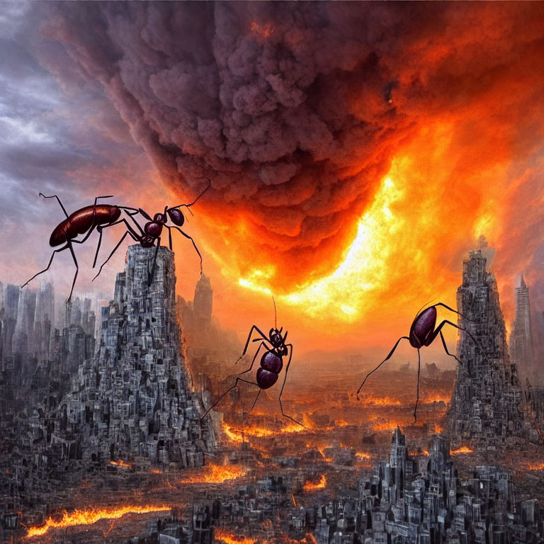 Giant ants in post-apocalyptic city under fiery sky.