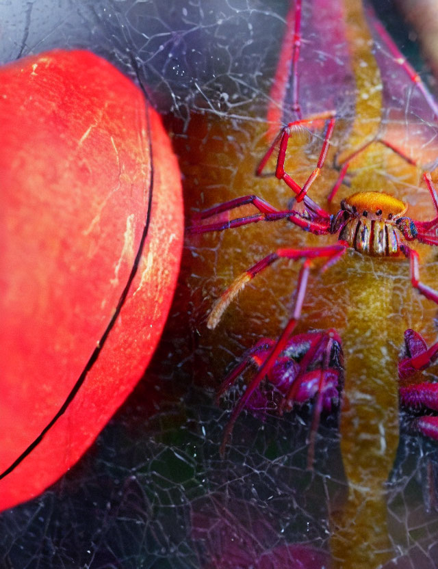 Detailed Close-Up of Vibrant Red Spider on Web with Yellow Markings