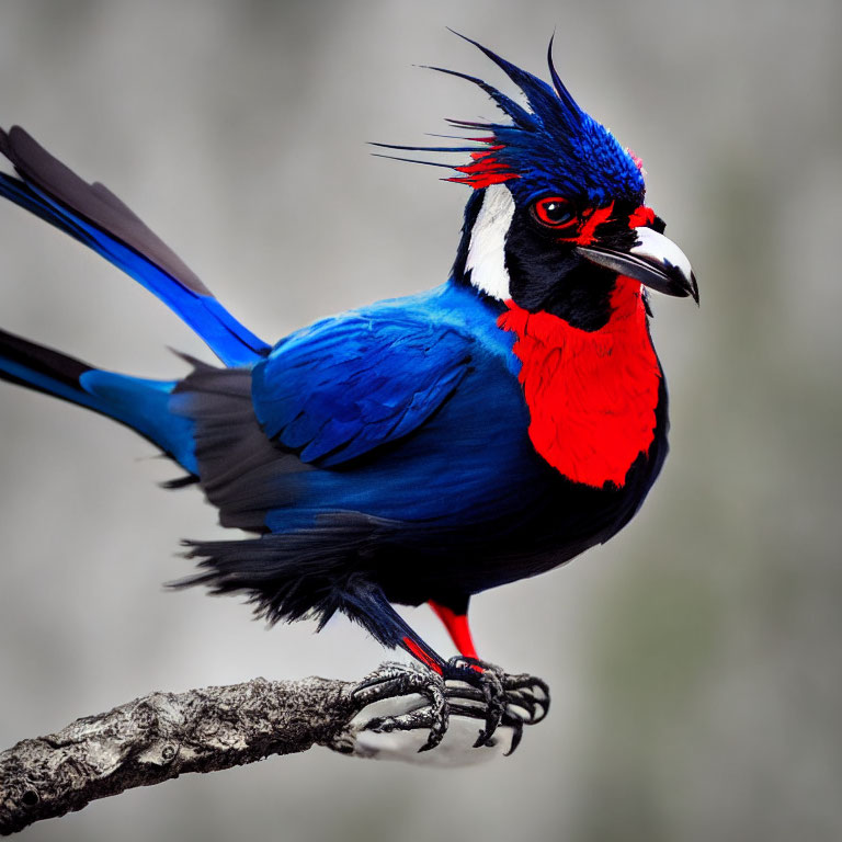 Colorful Blue and Red Bird with Black Crown Perched on Branch