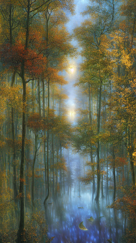 Tranquil autumn forest scene with misty waterway and floating boat