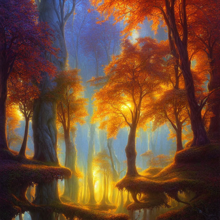 Tranquil forest scene with vibrant autumn foliage and sunlight piercing mist