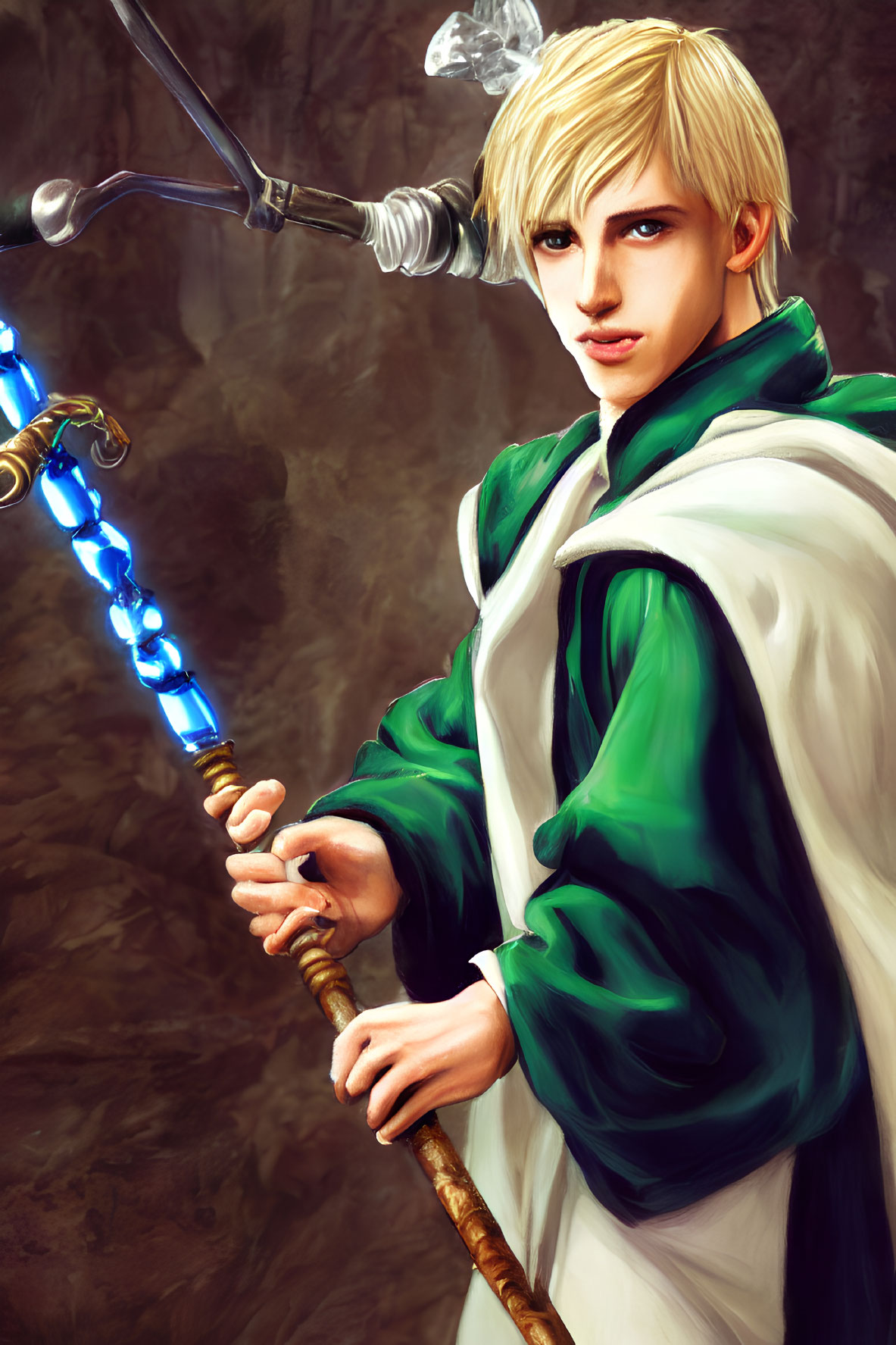 Blond Figure in Green and White Cloak with Blue Light Staff on Rocky Background