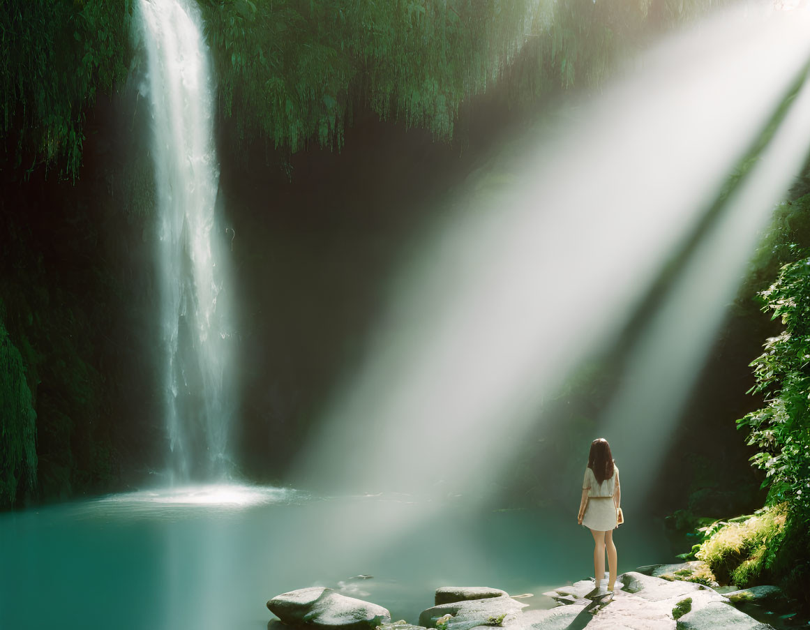 Person standing on rocks near majestic waterfall with sunbeams piercing through mist
