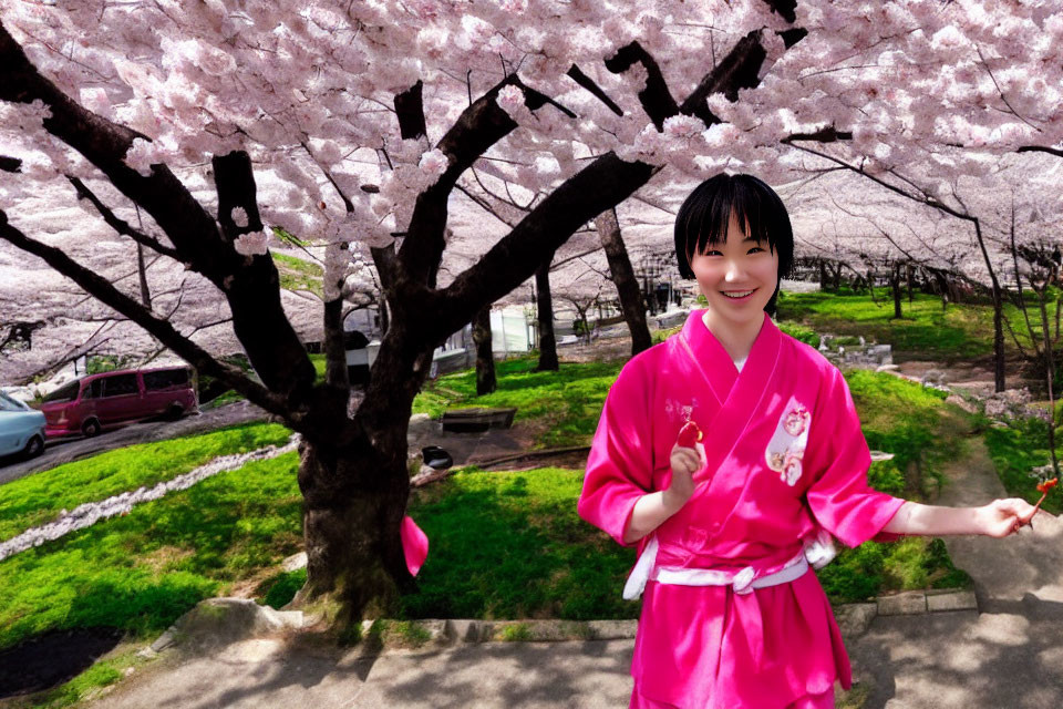 Person in pink kimono smiles under cherry blossoms in park - springtime scene with green grass and