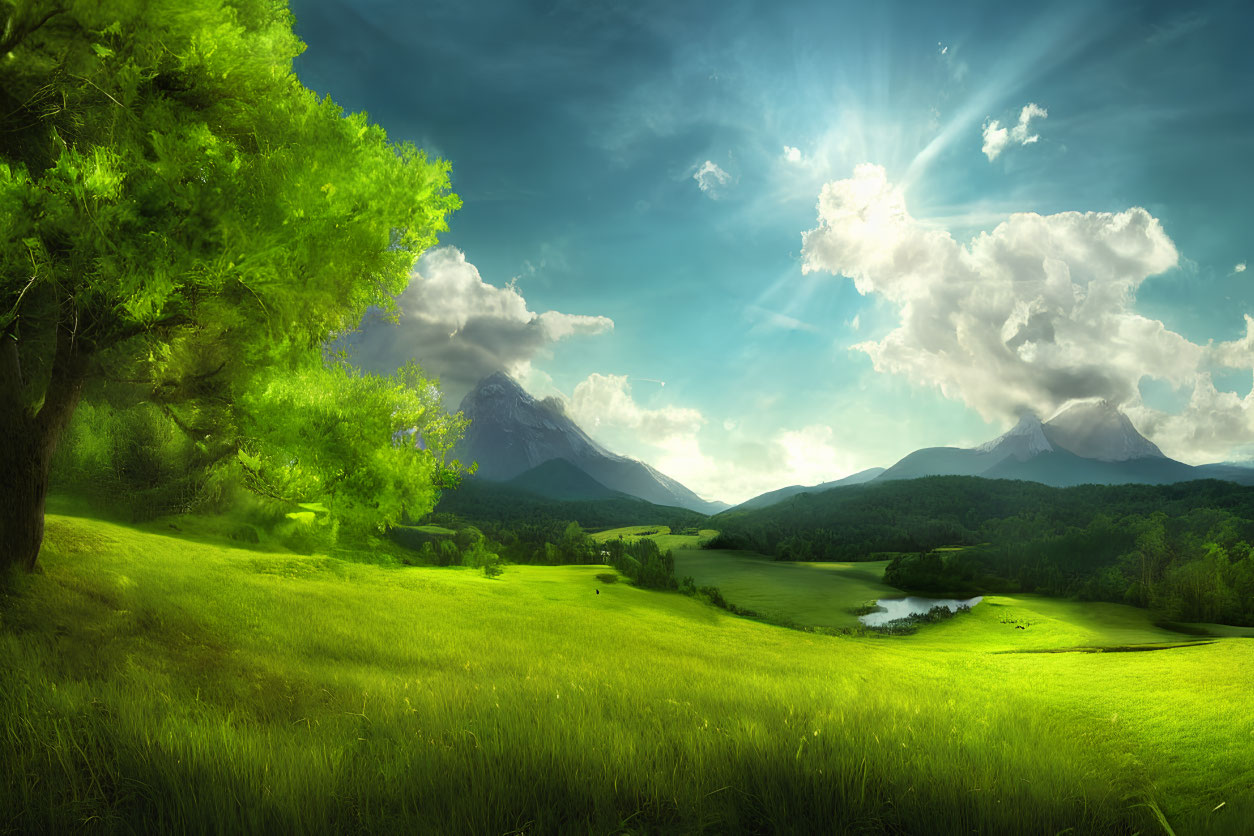 Vivid sky over lush green meadow, mountains, and tranquil lake