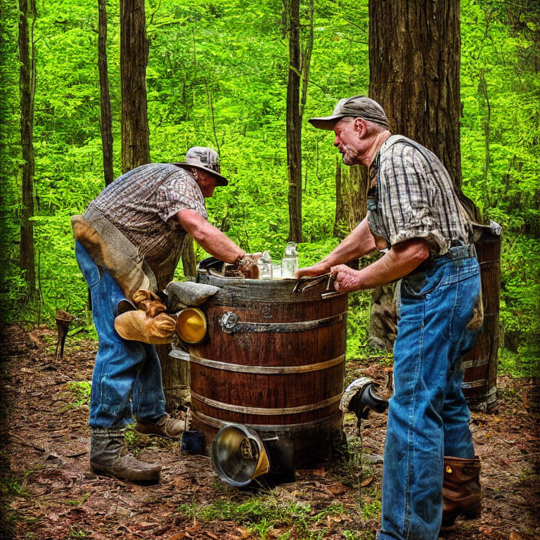 Two Men in Plaid Shirts and Caps Working with a Barrel in Lush Green Forest