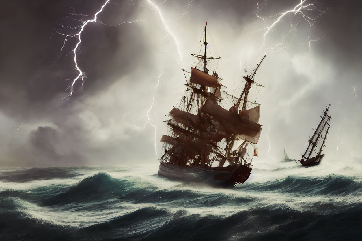 Tall ships in storm with lightning striking skies