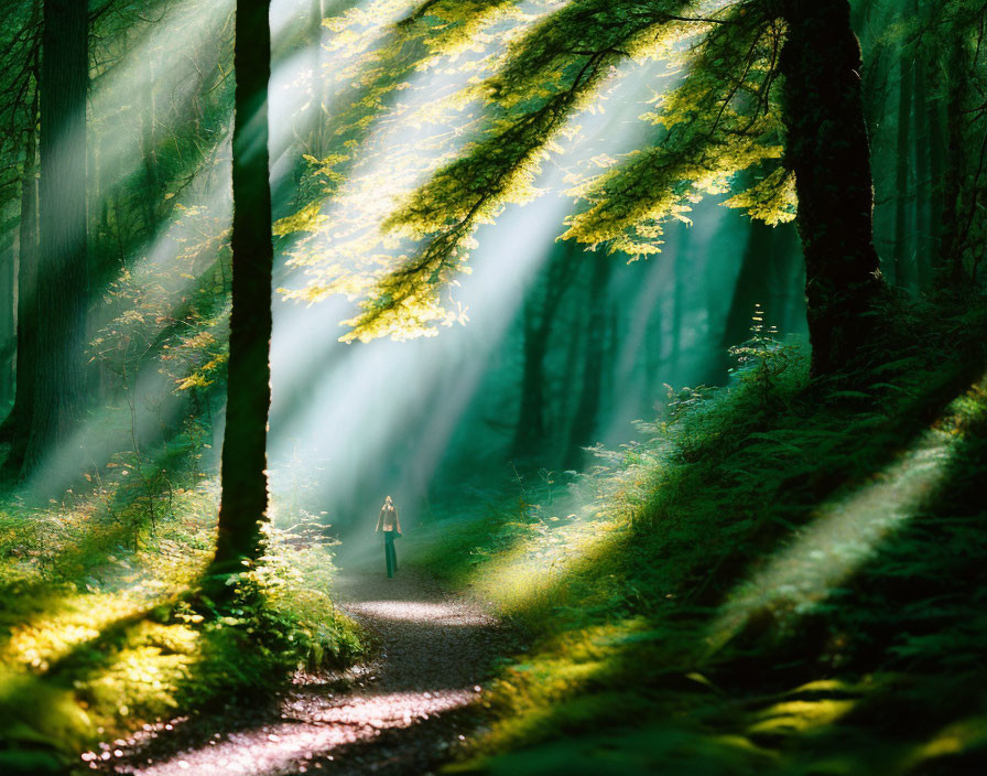 Misty forest scene with sunlight, lone figure, and tall green trees