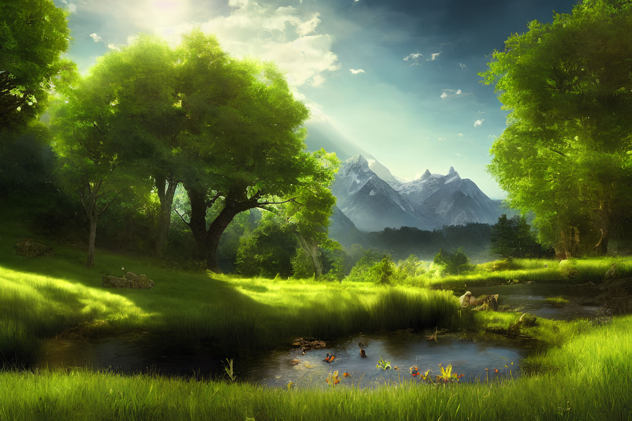Tranquil Landscape: Green trees, river, flowers, mountains under sunlit sky