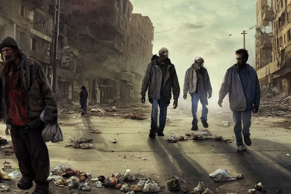 Disheveled people in post-apocalyptic street scene
