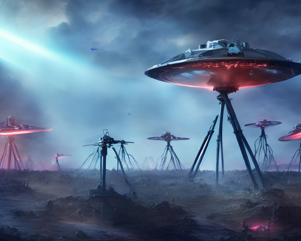 Multiple UFOs hover over war-torn landscape with shining beams.