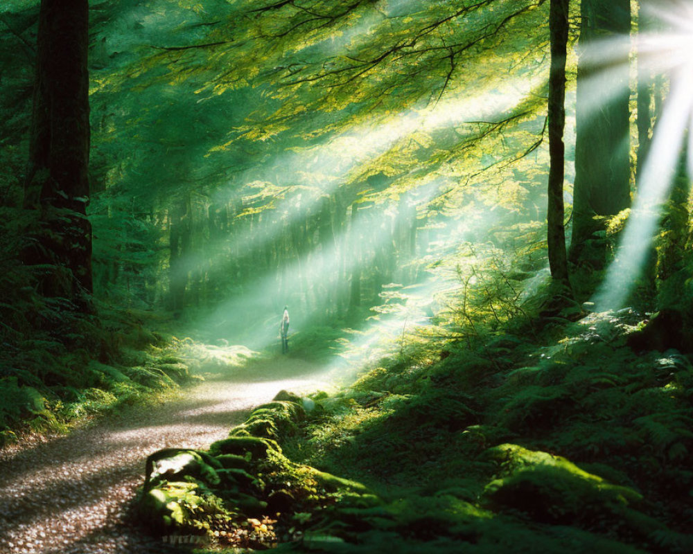 Vibrant Green Forest Canopy with Sunbeams and Wanderer