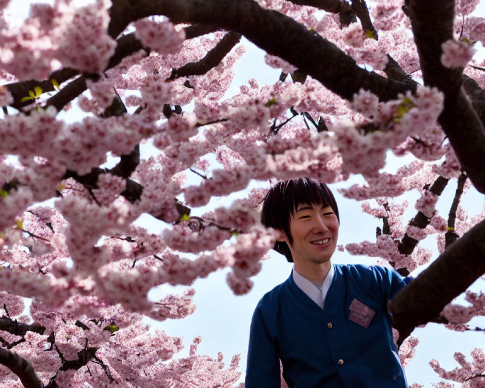 Smiling person surrounded by pink cherry blossoms