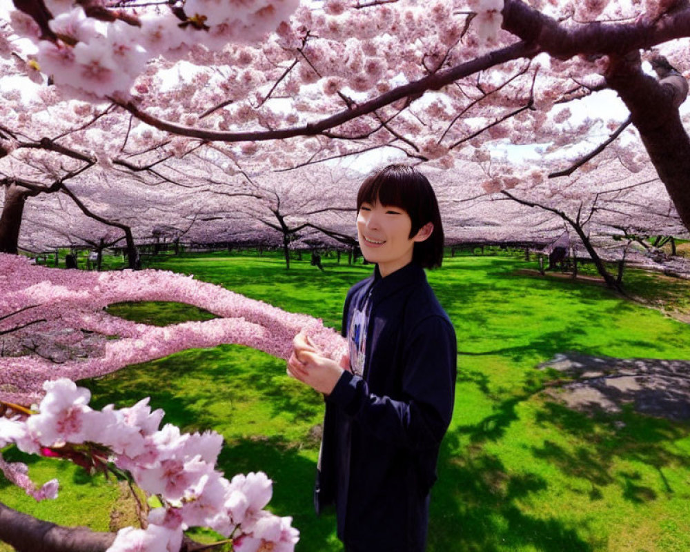 Person smiling under blooming cherry blossom trees in lush park