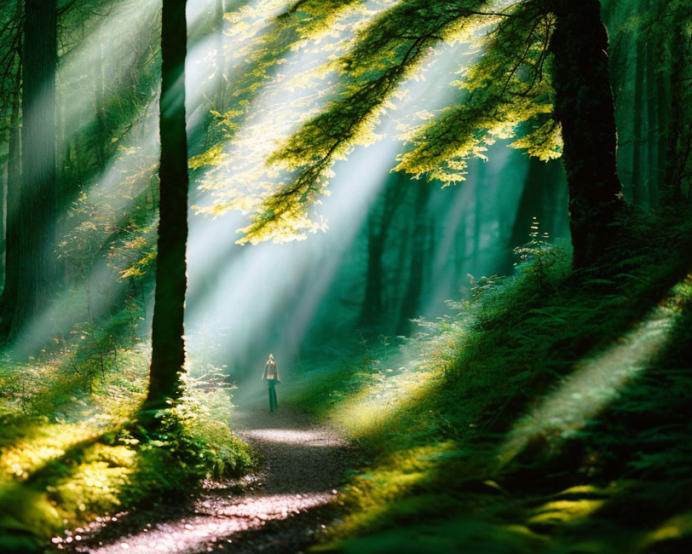 Misty forest scene with sunlight, lone figure, and tall green trees
