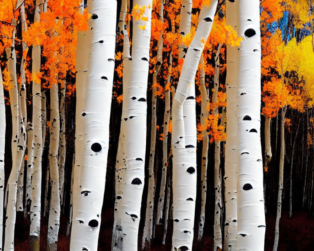 White-barked Aspen Trees with Yellow and Orange Autumn Leaves