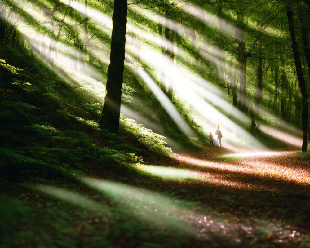 Sunlit forest scene with mossy terrain and person walking path