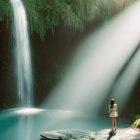 Person standing on rocks near majestic waterfall with sunbeams piercing through mist