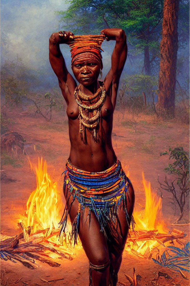 Traditional African attire woman in colorful beads and headdress against fiery forest backdrop