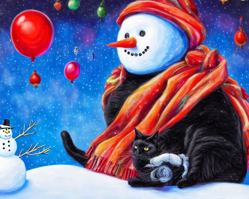 Illustration of Snowman, Cat, Balloons, Baubles in Starry Sky